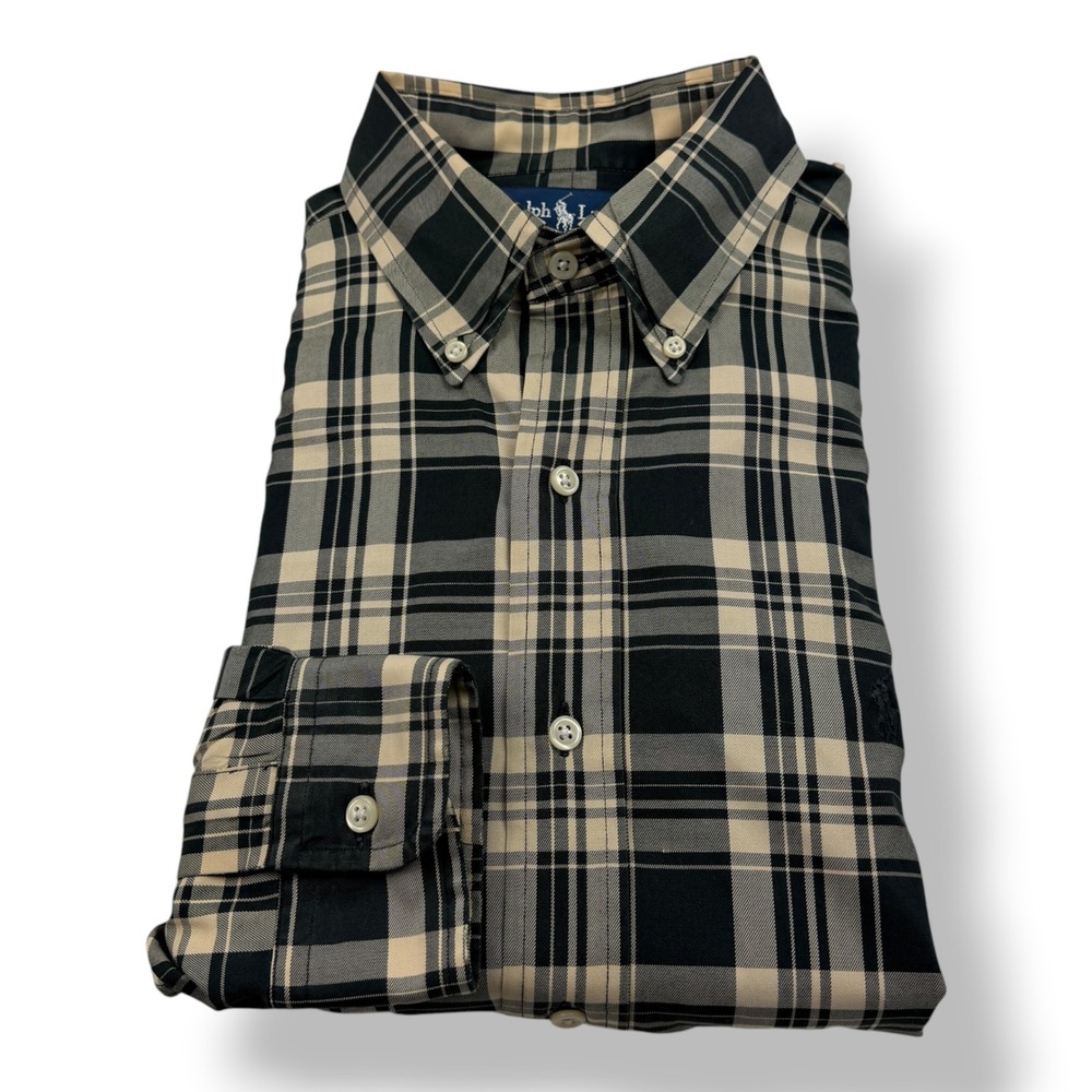 Ralph Lauren Blake Mens Medium Plaid Button Down Shirt‎ Black Tan Cotton 1670
